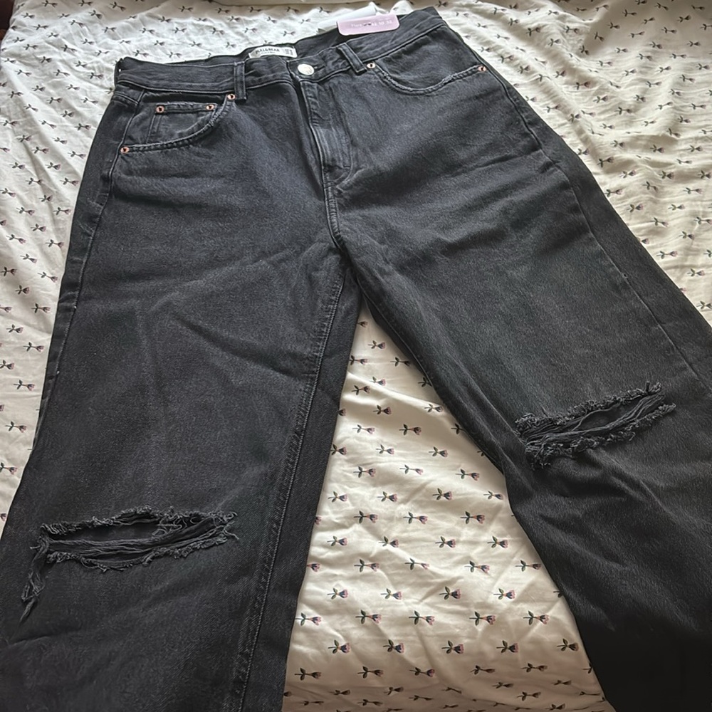 New Black Flare Jeans with Knee Rips Pull & Bear